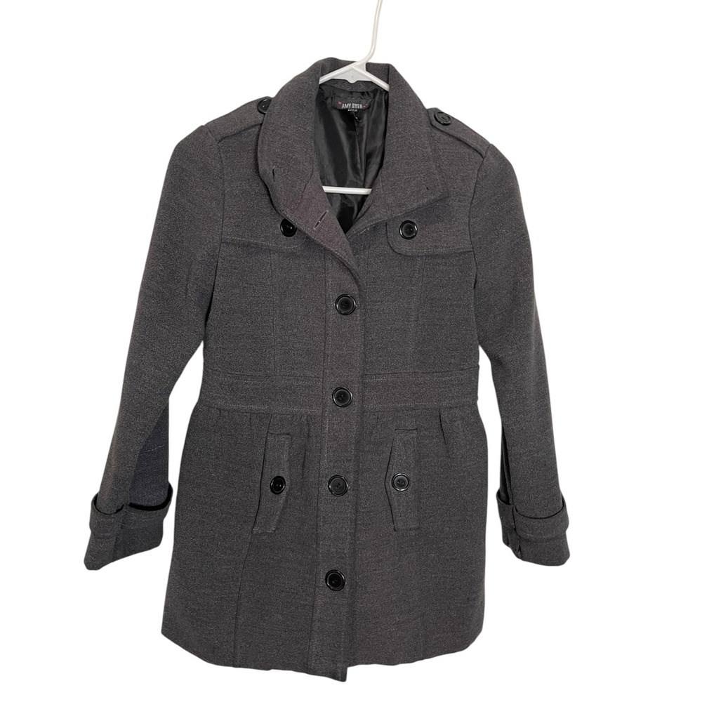 Amy Byer L Charcoal Grey Peacoat Button Front Epaulettes Dark Academia Preppy